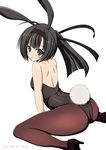  2015 :o ahoge akizuki_(kantai_collection) animal_ears artist_name bare_back bare_shoulders black_hair blush bunny_ears bunny_girl bunny_tail bunnysuit dated fake_animal_ears fake_tail grey_eyes hachimaki hair_ornament hairband headband high_heels kantai_collection leotard long_hair looking_at_viewer looking_back lovelovemaid pantyhose ponytail simple_background solo tail white_background 