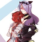  2girls breast_smother breasts camilla_(fire_emblem_if) commentary fire_emblem fire_emblem_if hair_over_one_eye hinoka_(fire_emblem_if) looking_at_viewer moekumo multiple_girls purple_hair red_hair smile yuri 