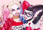  1girl 2girls alan_campos batman_(series) blonde_hair blue_eyes dc_comics dccu dual_persona earrings eyeshadow female harley_quinn jewelry lipstick looking_at_viewer makeup mask multiple_girls multiple_persona open_mouth red_lipstick simple_background suicide_squad tongue_out twintails 