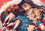  3girls :d abigail_williams_(fate/grand_order) ana_(rznuscrf) ass bangs bare_arms bare_shoulders bikini black_bikini black_bow black_footwear black_jacket blonde_hair blue_dress blush bow brown_eyes closed_mouth commentary_request dress emerald_float eyebrows_visible_through_hair fate/grand_order fate_(series) forehead grey_legwear hair_bow hair_bun hand_holding head_tilt heart heroic_spirit_traveling_outfit interlocked_fingers jacket knees_up long_hair long_sleeves looking_at_viewer lying multiple_girls multiple_persona object_hug on_back on_side open_mouth orange_bow parted_bangs parted_lips polka_dot polka_dot_bow polka_dot_legwear red_footwear shoes sleeveless sleeveless_dress sleeves_past_fingers sleeves_past_wrists smile socks striped striped_background stuffed_animal stuffed_toy swimsuit tagme_(artist) teddy_bear vertical-striped_background vertical_stripes 