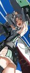  ahoge akitsushima_(kantai_collection) armpits arms_up ass from_below grey_eyes kantai_collection looking_at_viewer miniskirt nishikitaitei-chan open_mouth silver_hair skirt sky smile solo thighhighs tsuuhan twintails wet wet_clothes 