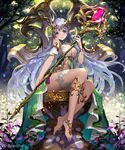  anklet armlet barefoot barefoot_sandals breasts cleavage crown crystal forest hair_ornament highres jewelry lavender_hair light_particles long_hair looking_at_viewer medium_breasts nature pointy_ears purple_eyes revealing_clothes shingoku_no_valhalla_gate sitting smile solo staff thigh_strap tob toe_ring very_long_hair 