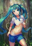  absurdres aqua_eyes aqua_hair atdan blush breasts crop_top gym_uniform hatsune_miku headphones highres long_hair looking_at_viewer navel open_mouth panties revision shirt_lift small_breasts solo sweat twintails underboob underwear very_long_hair vocaloid white_panties 