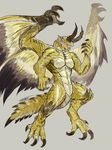  2015 anthro black_scales capcom claws dragon elder_dragon furikake grey_background horn male monster_hunter muscles nude open_mouth orange_eyes plain_background pose scalie shagaru_magala solo teeth toe_claws video_games white_scales wings yellow_scales 