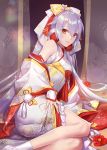  1girl alternate_costume commentary_request demmy fate/grand_order fate_(series) floral_print flower hair_between_eyes hair_ribbon japanese_clothes kimono long_hair looking_at_viewer red_eyes ribbon silver_hair solo tomoe_gozen_(fate/grand_order) uchikake white_kimono 