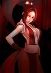  breasts brown_eyes brown_hair cleavage fatal_fury gloves highres huge_breasts japanese_clothes large_breasts long_hair looking_at_viewer pelvic_curtain ponytail revealing_clothes s.n.x shiranui_mai sideboob solo the_king_of_fighters 