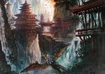  akamidoriao_(rgb) architecture bird carriage cliff dragon east_asian_architecture fantasy flying japanese_clothes mountain original outdoors ox-driven_carriage pagoda riding scenery stone_lantern stone_wall temple torii tree wall water waterfall white_hair 