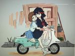  black_hair brown_hair ground_vehicle highres hug hug_from_behind kill_la_kill mankanshoku_mako matoi_ryuuko motor_vehicle multiple_girls official_art pleated_skirt school_uniform scooter senketsu serafuku shoes short_hair skirt sneakers sushio vespa 