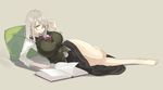  adjusting_eyewear barefoot black_skirt book breasts glasses gram_(muneneko) grey_hair huge_breasts long_skirt long_sleeves lying muneneko necktie on_side original pillow reading red_eyes skirt solo vest 