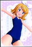  blonde_hair blue_eyes blue_swimsuit blush hair_ribbon highres kagamine_rin old_school_swimsuit one-piece_swimsuit open_mouth ribbon scan school_swimsuit sin-go smile solo swimsuit vocaloid 