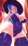  absurdres ass_visible_through_thighs blue_hair breasts doxy fingerless_gloves gloves hat highres huge_breasts light_smile lips looking_down my_little_pony my_little_pony_friendship_is_magic parted_lips personification print_legwear red_eyes solo thick_thighs thighs trixie_lulamoon witch_hat 
