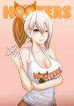  breasts cleavage highres hooters large_breasts lips nakiri_alice norman_maggot one_eye_closed parted_lips red_eyes shokugeki_no_souma short_hair simple_background solo tank_top white_hair 