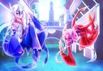  1girl blue_eyes blue_hair detached_sleeves floating gen_3_pokemon highres latias latios levitation long_hair multicolored_hair personification pokemon red_hair s_tane shoes smile twintails white_hair 