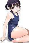  ass black_eyes black_hair blue_swimsuit cowboy_shot expressionless eyebrows_visible_through_hair highres lying matsunaga_kouyou on_side one-piece_swimsuit one_side_up original parted_lips school_swimsuit short_hair simple_background solo swimsuit twisted_torso white_background 