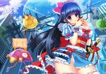  apple black_hair blue_eyes bow breasts building cleavage food fruit hair_bow hair_ornament hairclip ichi_rin japanese_clothes katana large_breasts long_hair no_panties original robot snow_white solo sword thighhighs weapon 