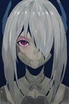  android bad_id bad_pixiv_id blue_background hair_over_one_eye headgear ladic looking_at_viewer original red_eyes simple_background solo 