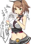  awata_mokane bare_shoulders breasts brown_hair gloves green_eyes hairband headband headgear kantai_collection large_breasts miniskirt mutsu_(kantai_collection) navel short_hair skirt solo translated white_background white_gloves 