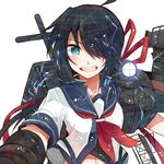  ahoge aqua_eyes black_hair grin hair_over_one_eye hair_ribbon itomugi-kun kako_(kantai_collection) kantai_collection long_hair looking_at_viewer machinery midriff navel ribbon searchlight smile solo turret 