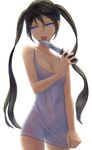  bare_arms bare_shoulders black_hair blue_eyes breasts cleavage collarbone dress dress_tug knife kurione_(zassou) large_breasts licking licking_weapon long_hair no_bra original purple_dress see-through short_dress sleeveless sleeveless_dress solo tongue tongue_out twintails very_long_hair weapon yandere 
