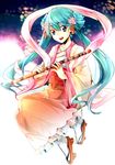  :d absurdres alternate_costume alternate_hairstyle aqua_hair blue_eyes chinese_clothes chuushuu_meigetsu_miku double_bun flower flute full_body geta hagoromo hair_flower hair_ornament hanfu hatsune_miku highres holding holding_instrument instrument invisible_chair long_hair long_sleeves looking_at_viewer open_mouth shawl sitting smile solo tabi twintails very_long_hair vocaloid wide_sleeves 