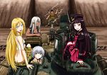  4girls :3 :d ass black_hair blonde_hair blue_eyes breasts browning_m2 bullet_hole commentary_request dark_elf dark_skin elf gate_-_jieitai_ka_no_chi_nite_kaku_tatakaeri gloom_(expression) gothic_lolita green_eyes grin ground_vehicle gun itami_youji lelei_la_lalena lolita_fashion long_hair looking_at_viewer medium_breasts military military_vehicle motor_vehicle multiple_girls official_art open_mouth pointy_ears red_eyes riding rory_mercury sao_satoru short_hair silver_hair sitting small_breasts smile smoke sweat tank thighhighs tuka_luna_marceau type_74 weapon yao_haa_dushi 