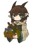  basket blue_eyes bottle brown_hair cloak expressionless eyebrows eyebrows_visible_through_hair facepaint flower hair_tubes holding horns leaf looking_at_viewer looking_to_the_side original pointy_ears satsumai short_hair simple_background solo upper_body white_background 