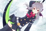  belt bow brown_eyes gloves hair_bow hiiragi_shinoa owari_no_seraph purple_hair scythe smile solo thighhighs wagi_(wagi26) white_gloves zettai_ryouiki 