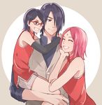  1boy 2girls arm_warmers black_hair carrying facial_mark family forehead_mark glasses hair_over_one_eye happy haruno_sakura multiple_girls naruto naruto_gaiden pink_hair simple_background smile uchiha_sarada uchiha_sasuke waraable warable 