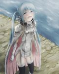  :d blue_eyes blue_hair cape collar crying crying_with_eyes_open elbow_gloves from_above gloves long_hair looking_at_viewer nikuman_(samara) nymph_(sora_no_otoshimono) open_mouth smile solo sora_no_otoshimono tears twintails very_long_hair 