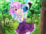  d-pad d-pad_hair_ornament dogoo dress forest grav hair_ornament highres hood hoodie hoodie_vest jacket licking long_hair nature neptune_(choujigen_game_neptune) neptune_(series) one_eye_closed purple_eyes purple_hair tail tail_wagging tree vest 