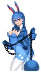  :d animal_ears azumarill blue_hair blush breasts bunnysuit chain cleavage collarbone cropped_legs detached_collar earrings gen_2_pokemon grey_eyes jewelry katagiri_hachigou long_hair medium_breasts open_mouth pantyhose personification pokemon simple_background smile solo tail white_background wrist_cuffs 