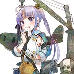  ahoge aircraft airplane akitsushima_(kantai_collection) crane earrings eating food food_on_face gloves hair_ornament itomugi-kun jewelry kantai_collection kettle long_hair machinery mismatched_gloves nishikitaitei-chan onigiri purple_eyes purple_hair rice rice_on_face side_ponytail solo turret 