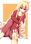  ahoge barefoot blonde_hair blue_eyes blush feet hasumi_takashi long_hair open_mouth original pointy_ears pov_feet simple_background soles solo toes very_long_hair wiggling_toes 