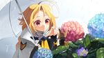  ahoge blazblue blonde_hair braid bug cloak flower hydrangea insect jerun lambda-11 long_hair rain red_eyes solo tartar umbrella 