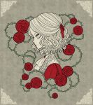  1girl ascot bloodborne brooch character_request curly_hair eleanor_(ohmyeleanor) eyelashes flower from_side grey_background hair_ribbon jewelry lace_border limited_palette lips lipstick mackintosh_rose makeup medium_hair necklace patterned_background plant red_ribbon ribbon rose solo thorns upper_body vines 