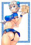  anastasia_(idolmaster) ashita_(2010) ass bad_id bad_twitter_id bamboo_steamer black_panties blue_eyes breasts bun_cover chinese_clothes cowboy_shot double_bun earrings from_behind idolmaster idolmaster_cinderella_girls impossible_clothes jewelry large_breasts looking_at_viewer looking_back panties short_hair signature silver_hair solo tray underwear 