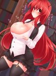  bad_id bad_pixiv_id bat_wings blush breast_lift breasts cleavage demekyon demon_girl dress_shirt head_wings koakuma large_breasts library long_hair red_eyes red_hair shirt skirt skirt_set smile solo thighhighs thighs touhou translation_request voile wings zettai_ryouiki 