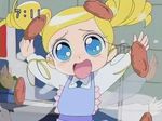  animated animated_gif apron blonde_hair blue_eyes drill_hair food gotokuji_miyako goutokuji_miyako powerpuff_girls powerpuff_girls_z rolling_bubbles 