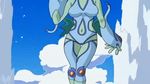  1girl animated animated_gif bare_shoulders breasts cleavage cloud clouds digimon digimon_frontier facial_mark female fish_girl gauntlets green_skin monster_girl open_mouth ranamon red_eyes sky smile swimsuit water 