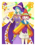  2girls artist_request blue_hair bow breasts cape cloak drawcia dress earrings fingerless_gloves gloves hat jewelry kirby_(series) kirby_canvas_curse kirby_triple_deluxe long_hair looking_at_viewer multiple_girls nail_polish nintendo open_mouth paintra personification pink_hair short_hair shorts simple_background smile vest yellow_eyes 