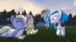  avian bird blue_feathers cgi day derpy_hooves_(mlp) digital_media_(artwork) equine feathers fluttershy_(mlp) friendship_is_magic grass happy headphones horn horse mammal my_little_pony pegasus pony rainbow_dash_(mlp) rock smile source_filmmaker tree unicorn vinyl_scratch_(mlp) wings 