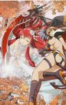  2girls ass ass_cutout breasts brown_hair dress eyes_closed hyakka_ryouran_samurai_girls large_breasts long_hair multiple_girls official_art red_hair sideboob standing tail tokugawa_sen underboob white_dress yagyuu_juubei_(hyakka_ryouran) yellow_eyes 