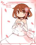  bare_shoulders brown_eyes brown_hair detached_sleeves dress flower hair_flower hair_ornament hanomido highres ikazuchi_(kantai_collection) jewelry kantai_collection necklace petals ring short_hair smile solo wedding_band wedding_dress 