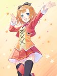  :d blue_eyes bow kousaka_honoka looking_at_viewer love_live! love_live!_school_idol_project mismatched_legwear one_side_up open_mouth orange_hair outstretched_arm smile solo sunny_day_song tadokoro_teppei thighhighs v zettai_ryouiki 