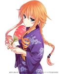  blue_eyes braid date_a_live drill_hair fan japanese_clothes kimono konoe_(fogtracks) long_hair looking_at_viewer orange_hair paper_fan single_braid solo twin_drills uchiwa yamai_yuzuru yukata 