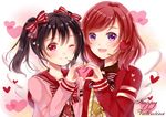  :d ;) bangs black_hair blush bow bowtie collarbone commentary eyebrows_visible_through_hair hair_bow happy_valentine headset heart heart_hands heart_hands_duo long_sleeves looking_at_viewer love_live! love_live!_school_idol_project medium_hair microphone multiple_girls nishikino_maki one_eye_closed open_mouth purple_eyes red_eyes red_hair sakura_hiyori smile striped striped_bow swept_bangs twintails upper_body valentine wings yazawa_nico 