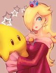  alternate_color bare_shoulders blonde_hair blue_eyes breasts chiko_(mario) crown dress earrings hair_over_one_eye jewelry long_hair mario_(series) medium_breasts poo rosetta_(mario) smile star super_mario_bros. super_mario_galaxy 