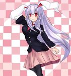  animal_ears black_legwear blazer bunny_ears checkered checkered_background jacket long_hair necktie pantyhose pleated_skirt purple_hair red_eyes reisen_udongein_inaba skirt smile solo sprout_(33510539) touhou 