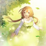  :d \m/ bangs blurry bow breasts brown_eyes brown_hair dappled_sunlight day depth_of_field dress falling_leaves feet_out_of_frame from_above green green_bow green_dress hair_bow happy large_breasts leaf long_hair long_sleeves low_twintails nature nein_(album) open_hand open_mouth outdoors outstretched_arms pinafore_dress plant ribbon saban shirt shokumotsu-ko smile solo sound_horizon standing sunlight twintails white_shirt 