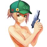  baseball_cap blonde_hair breasts cleavage cocked_hammer gun handgun hat heterochromia nude nude_filter pistol ponytail short_hair sig_sauer sig_sauer_p226 simple_background smile solo third-party_edit trigger_discipline underboob weapon white_background 